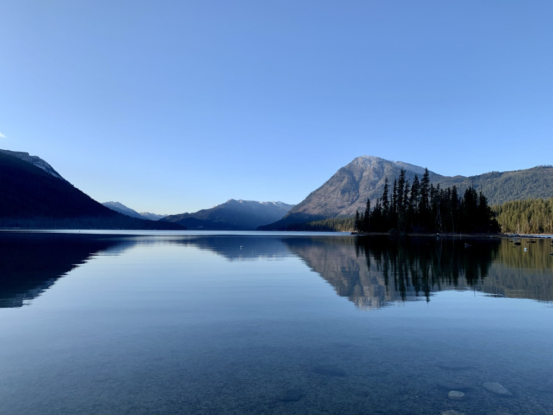 A tranquil view of Lake Wenatchee at Lake Wenatchee State Park near Leavenworth, WA.