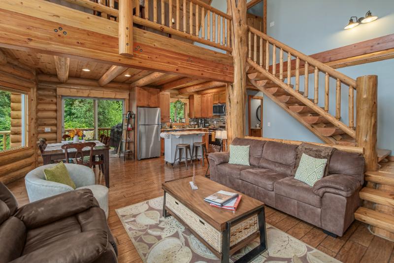 The interior view of a Leavenworth cabin rental with a rustic yet chic design.