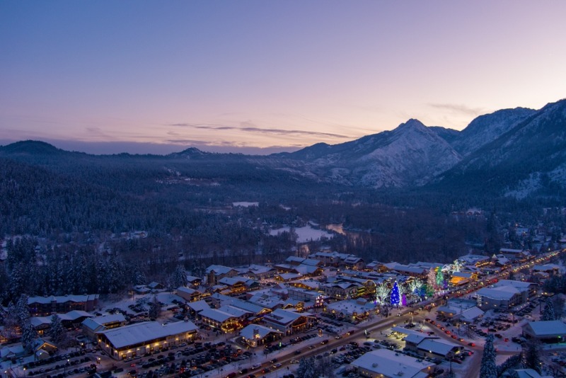 Leavenworth in Winter: A gorgeous view of Leavenworth, WA, as seen from the mountains in winter.