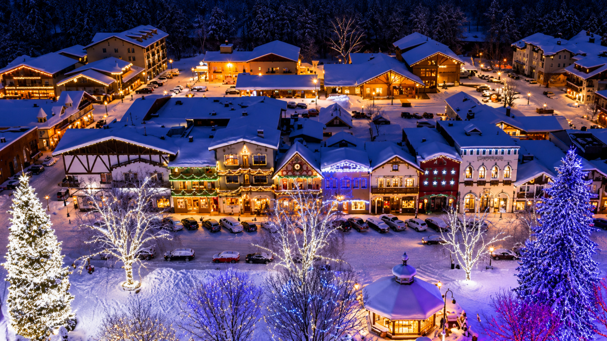 Leavenworth Washington illuminated during the Village of Lights winter season